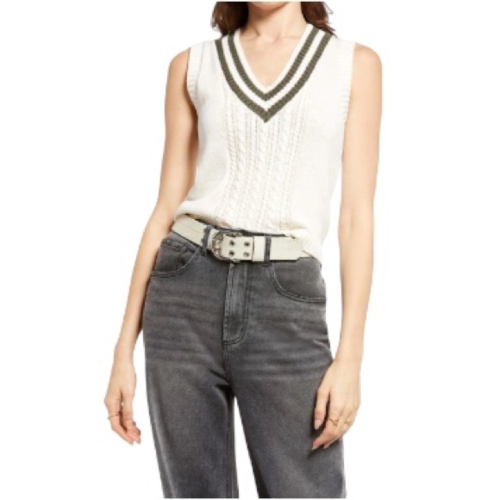 BP. Cable Knit Collegiate Sweater Vest V-Neck Stripe Ivory & Green Plus Size 2X